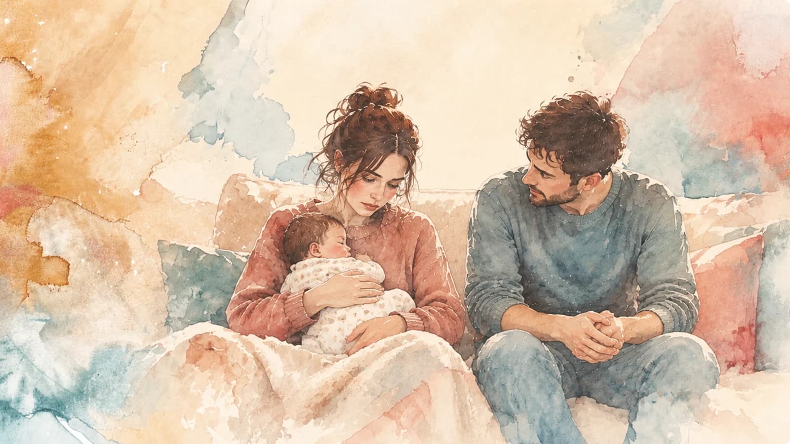 Watercolor of a tired mom on the couch looking down at the baby in her arms while her husband sits beside her, watching her and unsure what to say